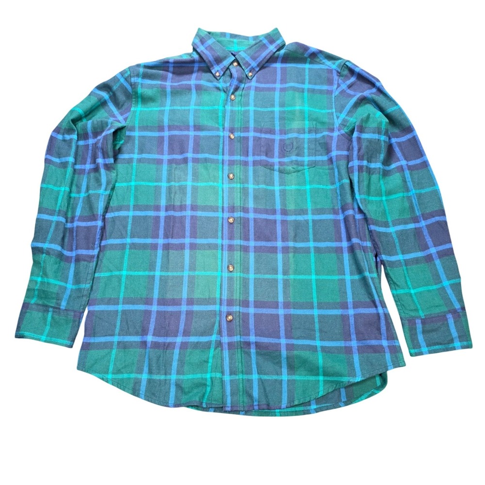 Chaps Performance Cotton Button Down Shirt Men's Size L Green Blue Plaid Pocket